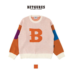벳규어스 B 로고 포인트 남녀 공용 라운드넥 니트 스웨터 (FREE 사이즈, 오렌지)